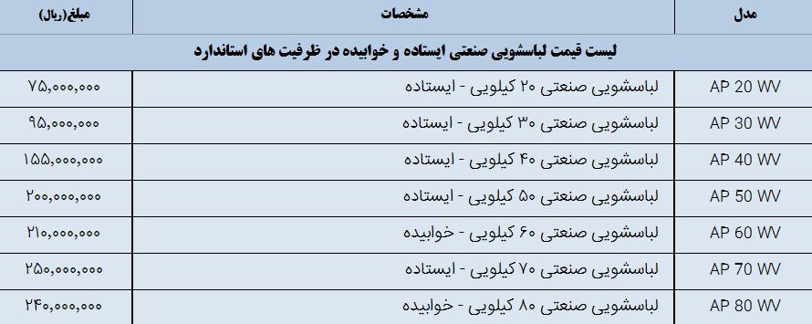 لیست قیمت لباسشویی صنعتی آکروپارس